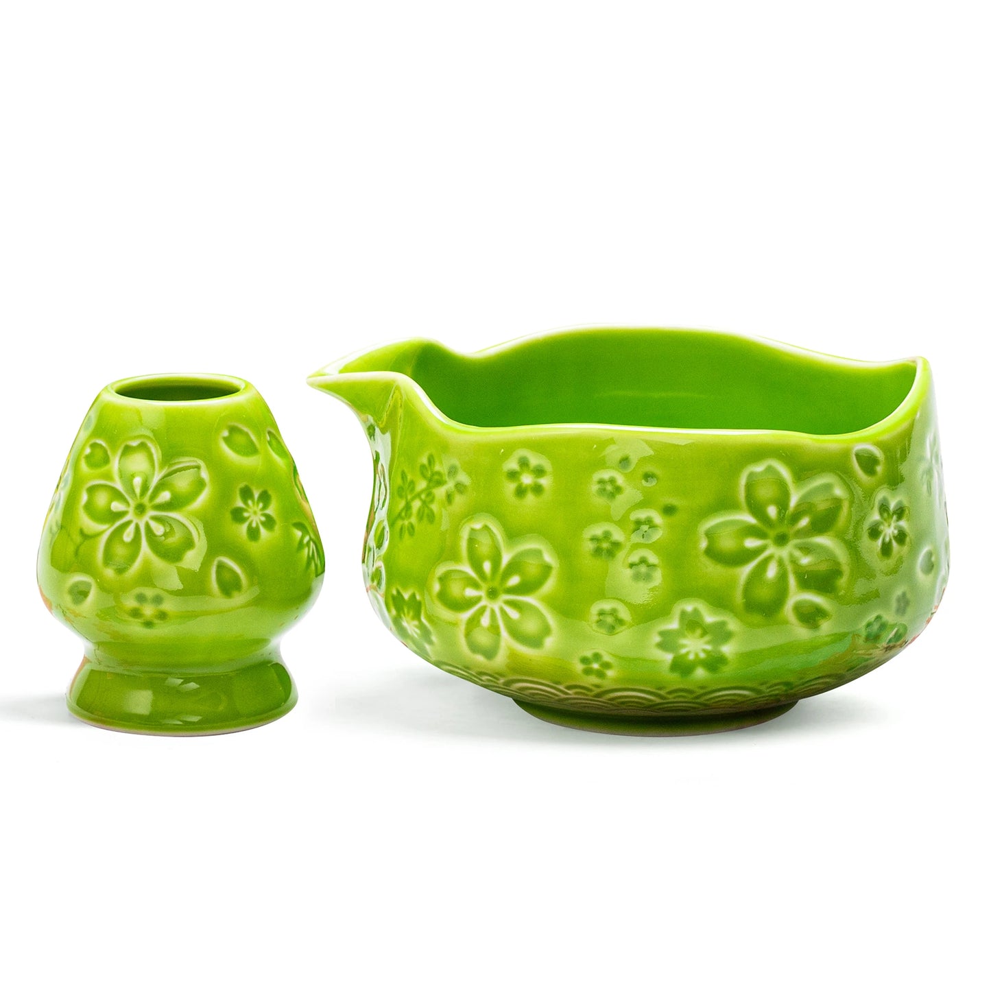 Matcha Bowl with Whisk Holder Sakura Green