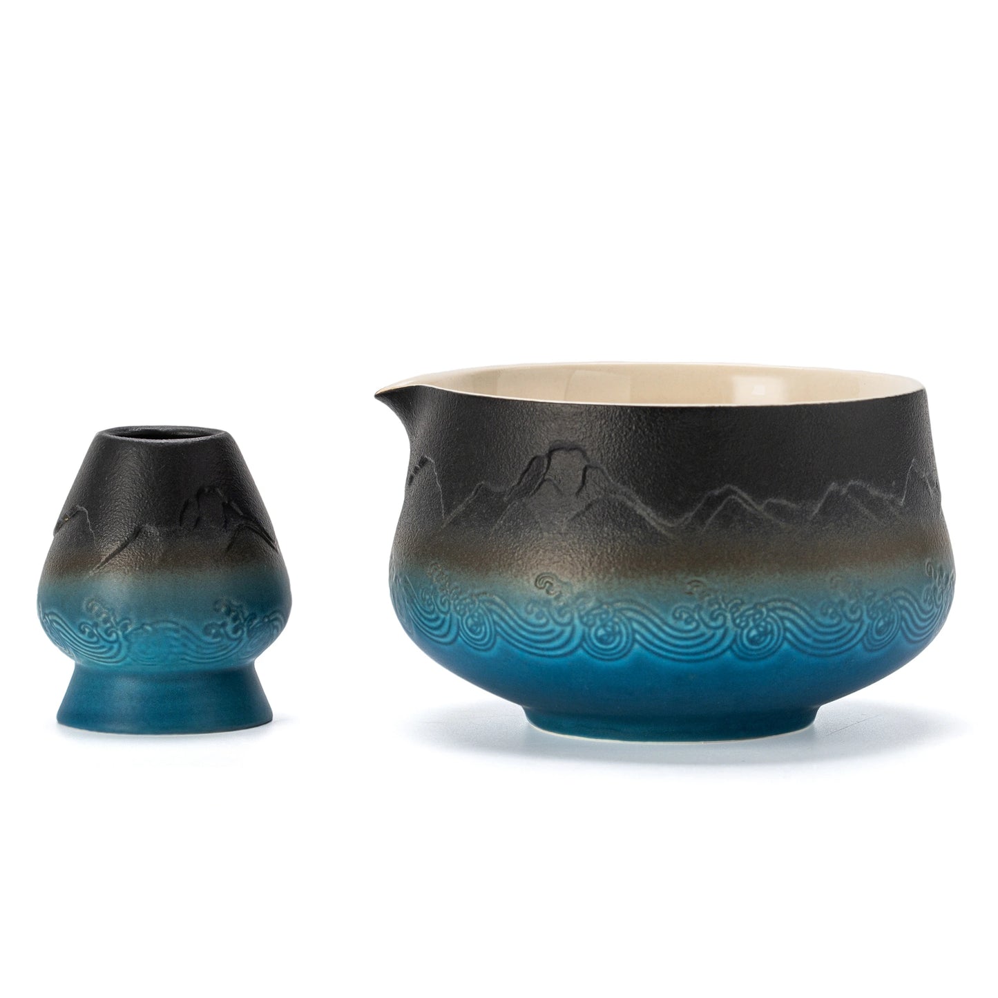 Matcha Bowl with Whisk Holder black blue pointy bowl