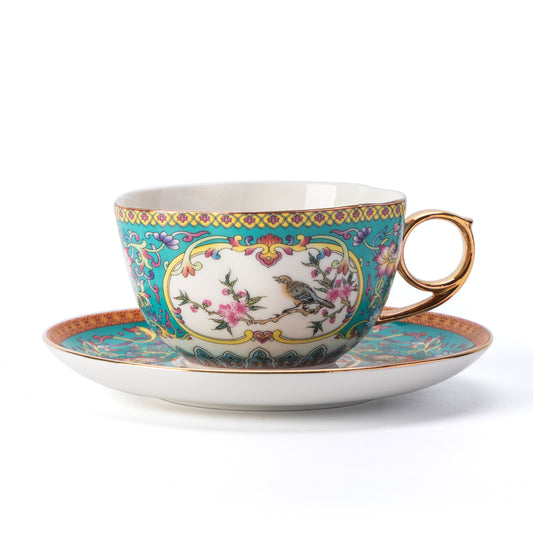 Celadon Bird & Blossom Porcelain Coffee Mug & Saucer