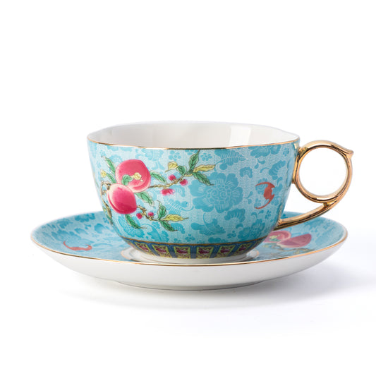 Sky Blue Blossom Porcelain Coffee Mug & Saucer