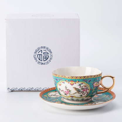 Celadon Bird & Blossom Porcelain Coffee Mug & Saucer