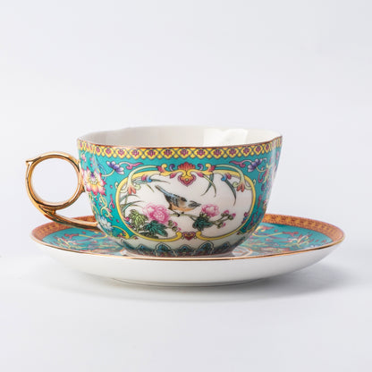 Celadon Bird & Blossom Porcelain Coffee Mug & Saucer
