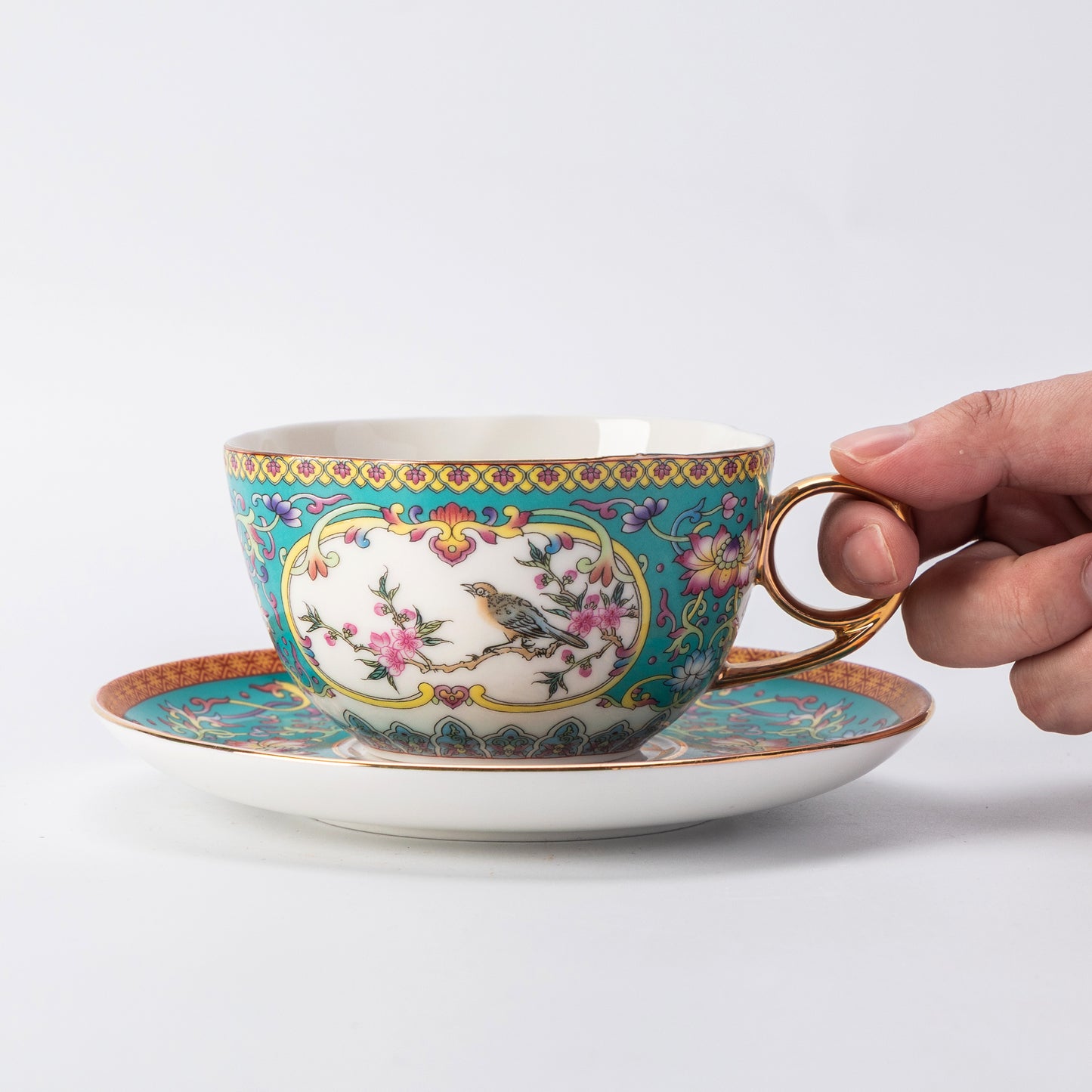 Celadon Bird & Blossom Porcelain Coffee Mug & Saucer
