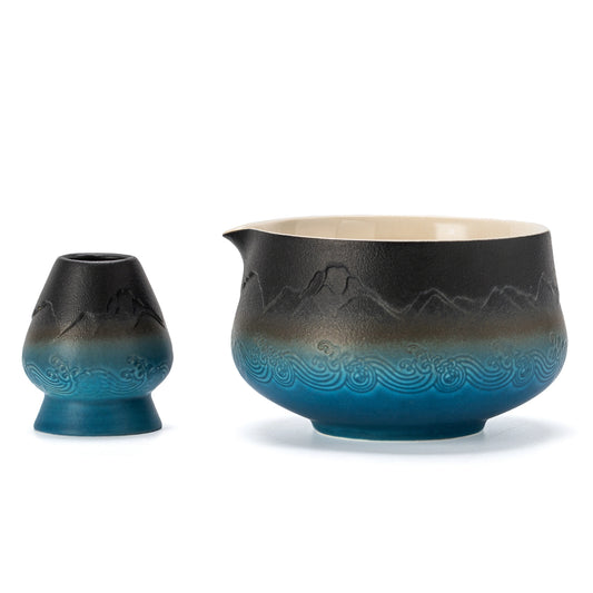Matcha Bowl with Whisk Holder black blue pointy bowl
