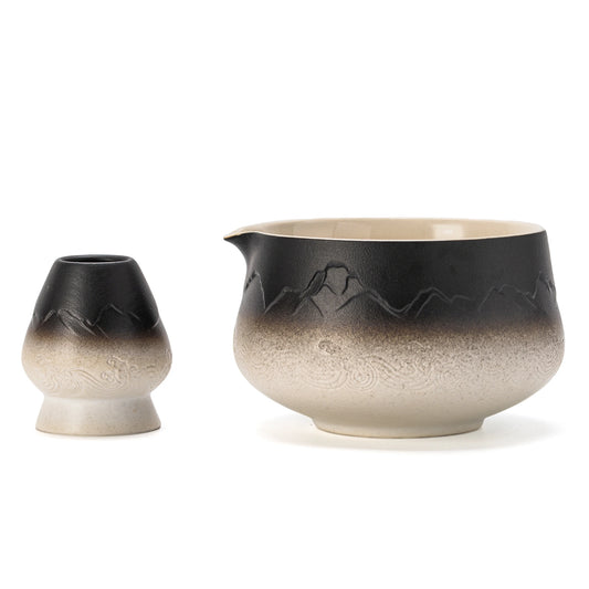 Matcha Bowl with Whisk Holder black white pointy bowl